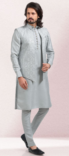 Black and Grey color Kurta Pyjamas in Art Silk fabric with Embroidered, Sequence, Thread work