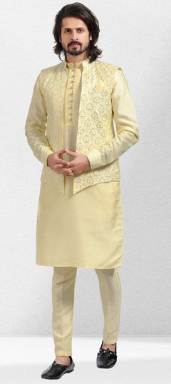 Yellow color Kurta Pyjamas in Art Silk fabric with Embroidered, Sequence, Thread work