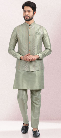 Green color Kurta Pyjamas in Art Silk fabric with Embroidered, Sequence, Thread work