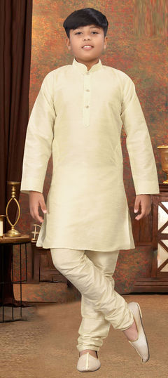 Beige and Brown color Boys Kurta Pyjama in Art Silk fabric with Thread work