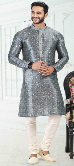 Black and Grey color Kurta Pyjamas in Banarasi Silk fabric with Digital Print, Weaving work