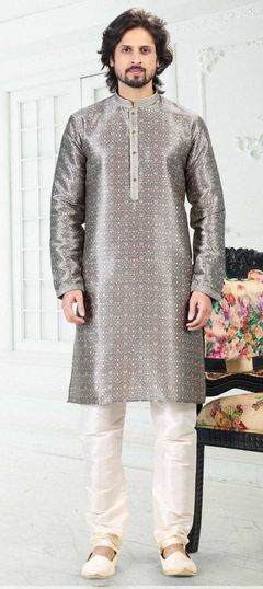 Black and Grey color Kurta Pyjamas in Banarasi Silk fabric with Digital Print, Weaving work