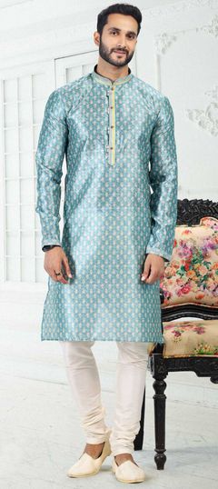 Blue color Kurta Pyjamas in Banarasi Silk fabric with Digital Print, Weaving work