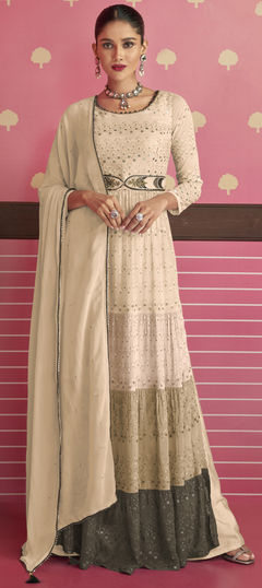 Beige and Brown color Salwar Kameez in Georgette fabric with Embroidered, Sequence, Thread work