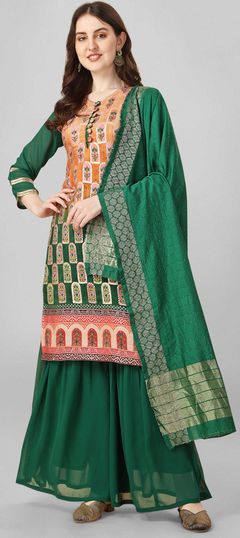 Festive Green color Salwar Kameez in Silk fabric with Sharara Weaving work : 1858731