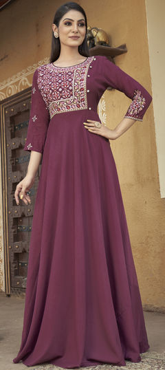 Red and Maroon color Gown in Muslin fabric with Embroidered, Stone, Thread work