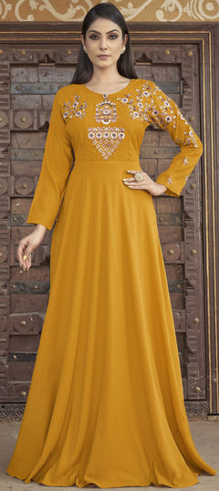 Yellow color Gown in Muslin fabric with Embroidered, Stone, Thread work