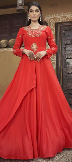 Red and Maroon color Gown in Muslin fabric with Embroidered, Stone, Thread work