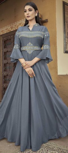 Black and Grey color Gown in Muslin fabric with Embroidered, Stone, Thread work