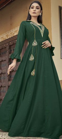 Green color Gown in Muslin fabric with Embroidered, Stone, Thread work