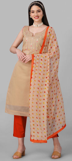 Beige and Brown color Salwar Kameez in Chanderi Silk, Cotton fabric with Embroidered work