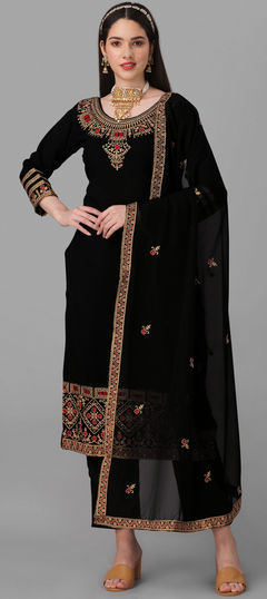 Black and Grey color Salwar Kameez in Georgette fabric with Embroidered, Thread, Zari work