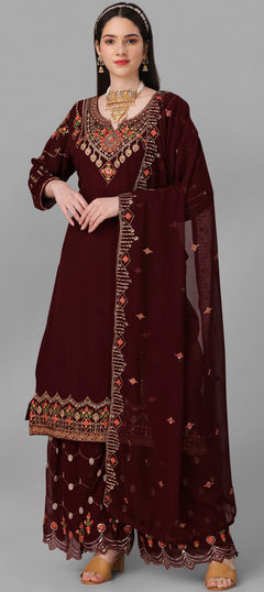 Red and Maroon color Salwar Kameez in Georgette fabric with Embroidered, Thread, Zari work