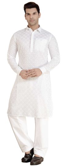 White and Off White color Pathani Suit in Rayon fabric with Embroidered, Thread work