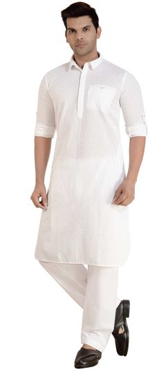 White and Off White color Pathani Suit in Rayon fabric with Embroidered, Thread work