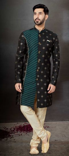 Black and Grey color IndoWestern Dress in Jacquard fabric with Thread work