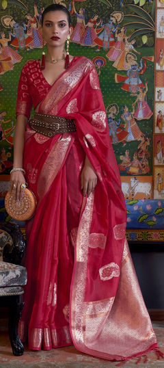 Red and Maroon color Saree in Organza Silk fabric with Weaving work