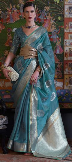 Blue color Saree in Organza Silk fabric with Weaving work