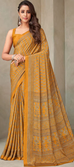 Yellow color Saree in Crepe Silk fabric with Printed work