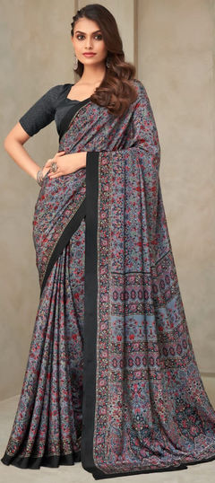 Black and Grey color Saree in Crepe Silk fabric with Printed work