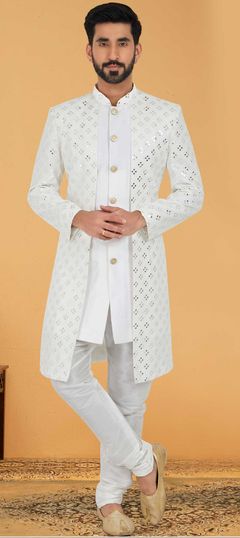 White and Off White color IndoWestern Dress in Georgette fabric with Embroidered, Thread work