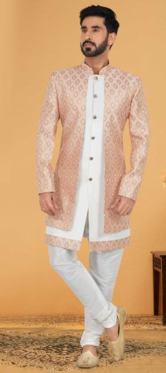 Pink and Majenta, White and Off White color IndoWestern Dress in Jacquard fabric with Weaving work