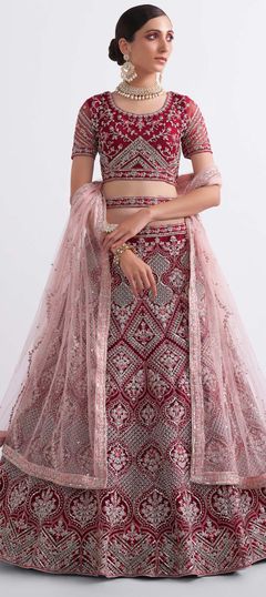 Red and Maroon color Lehenga in Net fabric with Embroidered, Fancy Work, Stone, Thread, Zari work