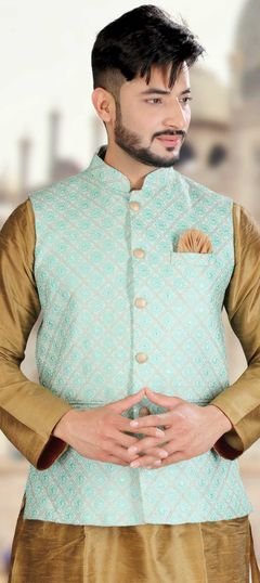 Blue color Nehru Jacket in Art Silk fabric with Embroidered, Resham, Thread work : 1859313