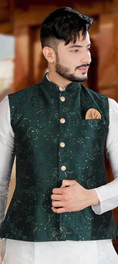 Green color Nehru Jacket in Art Silk fabric with Embroidered, Resham, Sequence, Thread work : 1859317