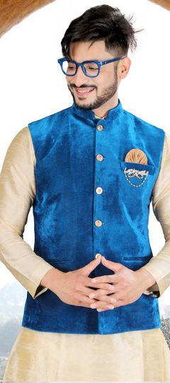 Blue color Nehru Jacket in Velvet fabric with Patch work : 1859319