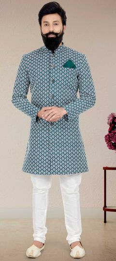 Blue color IndoWestern Dress in Silk fabric with Embroidered, Thread work