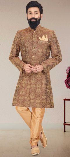 Beige and Brown color IndoWestern Dress in Dupion Silk fabric with Embroidered, Thread work