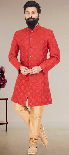 Red and Maroon color IndoWestern Dress in Dupion Silk fabric with Embroidered, Thread work