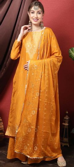 Yellow color Salwar Kameez in Art Silk, Silk fabric with Stone, Thread, Weaving work