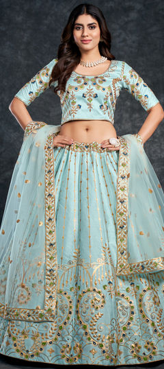 Festive, Reception, Wedding Blue color Lehenga in Silk fabric with A Line Gota Patti, Stone, Thread, Zari work : 1859424