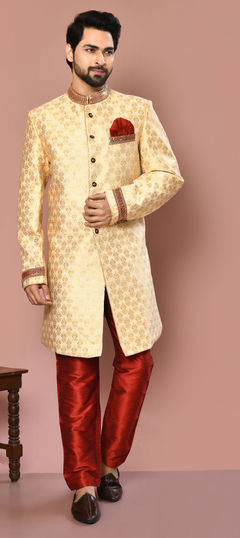 Beige and Brown color Sherwani in Banarasi Silk fabric with Thread, Weaving, Zari work : 1859463