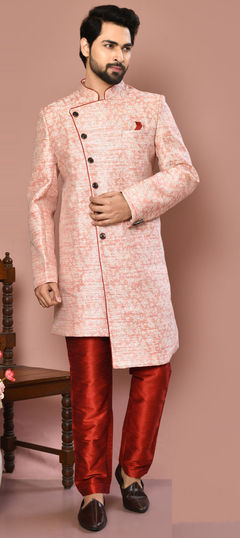 Pink and Majenta color Sherwani in Banarasi Silk fabric with Weaving work : 1859465