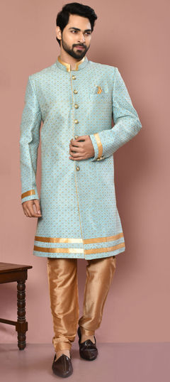 Blue color Sherwani in Banarasi Silk fabric with Weaving, Zari work : 1859466