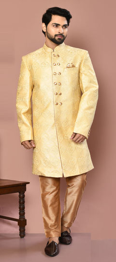 Gold color Sherwani in Banarasi Silk fabric with Weaving, Zari work : 1859468