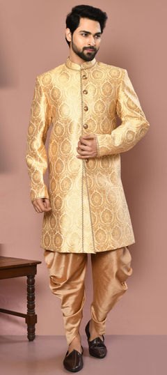 Gold color Dhoti Sherwani in Banarasi Silk fabric with Weaving, Zari work : 1859471