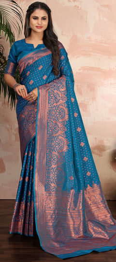 Blue color Saree in Banarasi Silk fabric with Weaving work