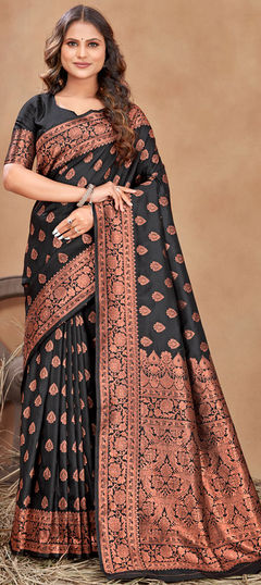 Black and Grey color Saree in Banarasi Silk fabric with Weaving work