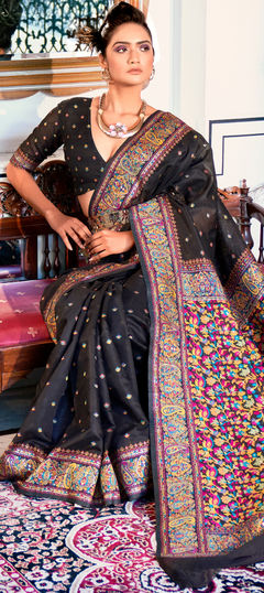 Black and Grey color Saree in Art Silk, Silk fabric with Printed, Weaving work