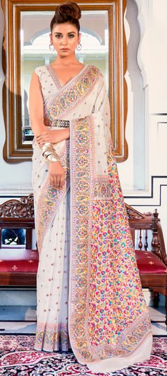 White and Off White color Saree in Art Silk, Silk fabric with Printed, Weaving work