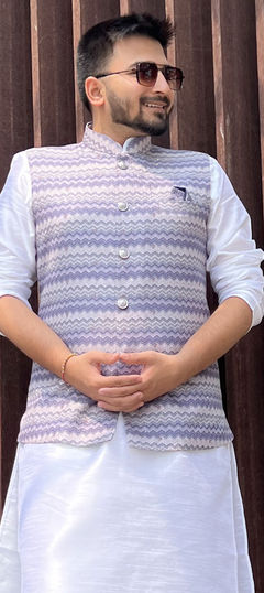 Blue color Nehru Jacket in Cotton fabric with Sequence work