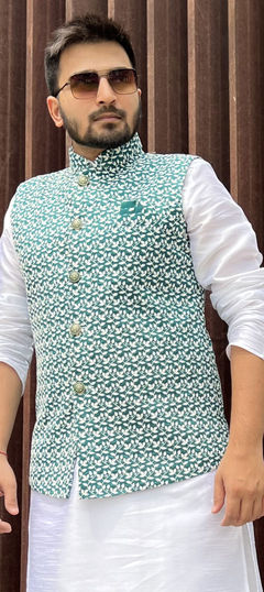 Green color Nehru Jacket in Art Silk fabric with Sequence work