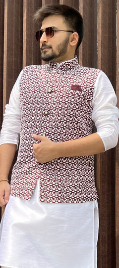 Red and Maroon color Nehru Jacket in Art Silk fabric with Sequence work