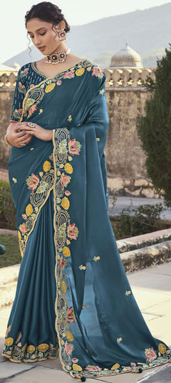 Blue color Saree in Satin Silk fabric with Embroidered, Sequence, Stone, Thread work
