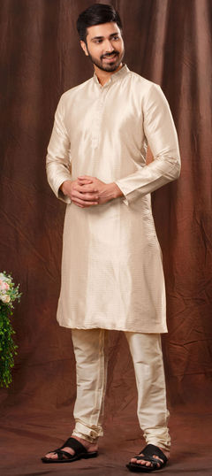 Beige and Brown color Kurta Pyjamas in Jacquard fabric with Resham, Thread work