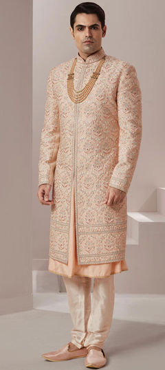 Beige and Brown color Sherwani in Silk fabric with Embroidered, Thread, Zardozi work